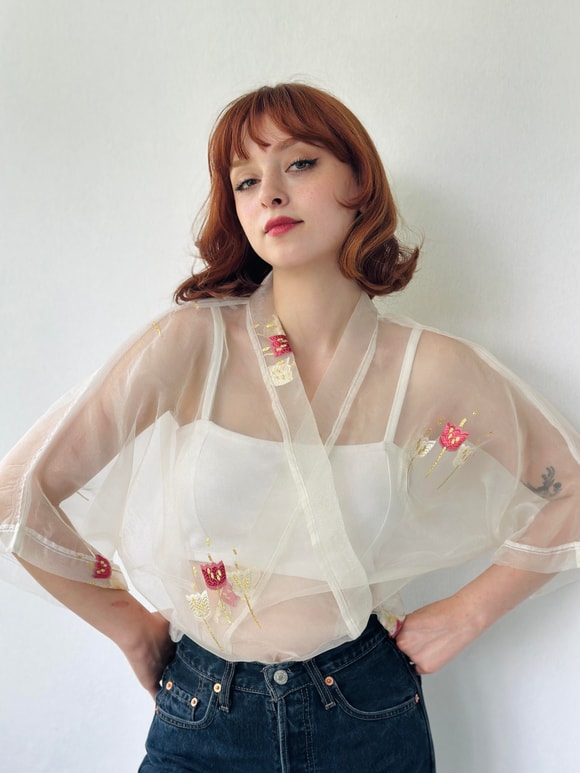 Retrobird Tasarım Ekru Organze Mini Kimono