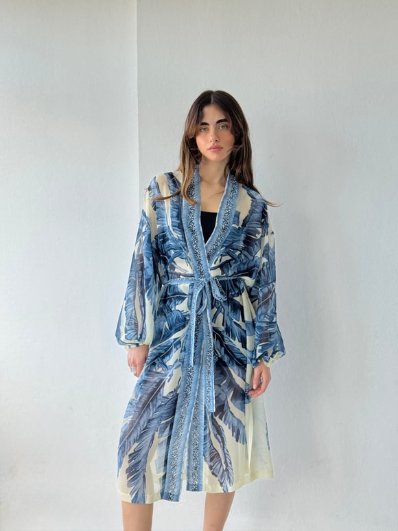 Retrobird Tasarım Mavi Palmera Wrap Kimono
