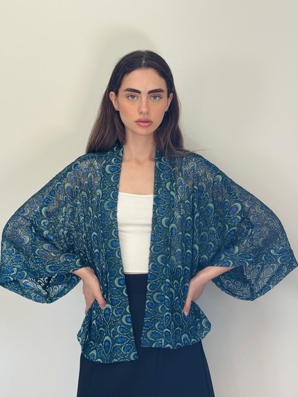 Retrobird Tasarım Transparan Dantel Lacivert Boho Mini Kimono