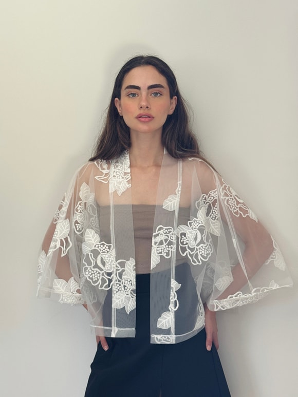 Retrobird Tasarım Transparan Dantel Beyaz Boho Mini Kimono