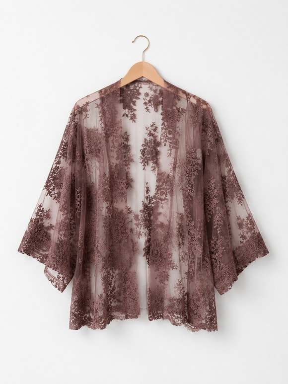 Retrobird Tasarım Transparan Dantel Vizon Boho Mini Kimono