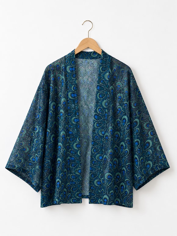 Retrobird Tasarım Transparan Dantel Lacivert Boho Mini Kimono