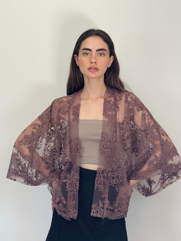 Retrobird Tasarım Transparan Dantel Vizon Boho Mini Kimono