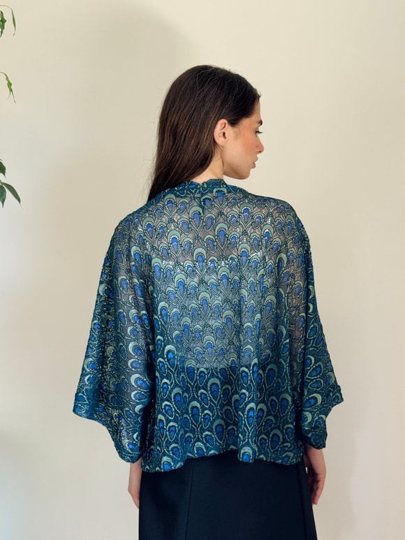 Retrobird Tasarım Transparan Dantel Lacivert Boho Mini Kimono