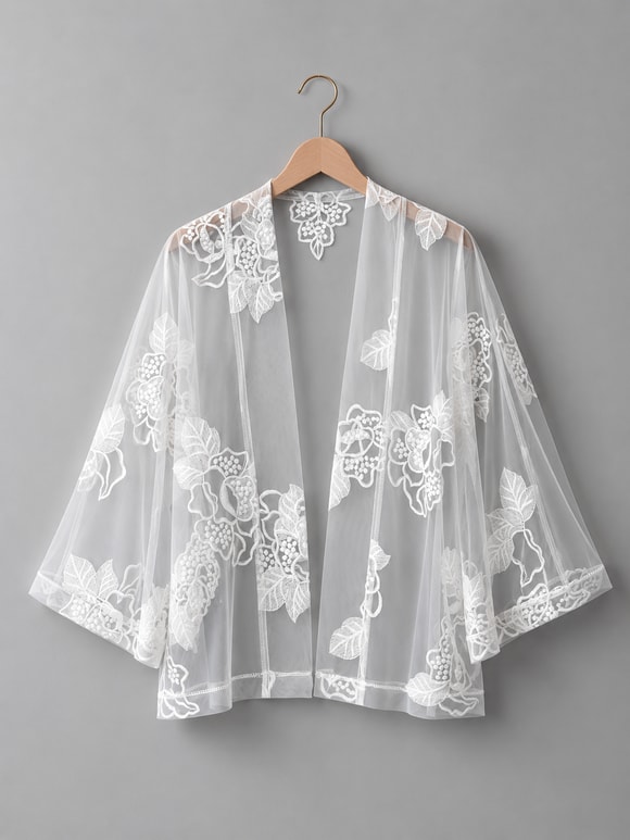 Retrobird Tasarım Transparan Dantel Beyaz Boho Mini Kimono