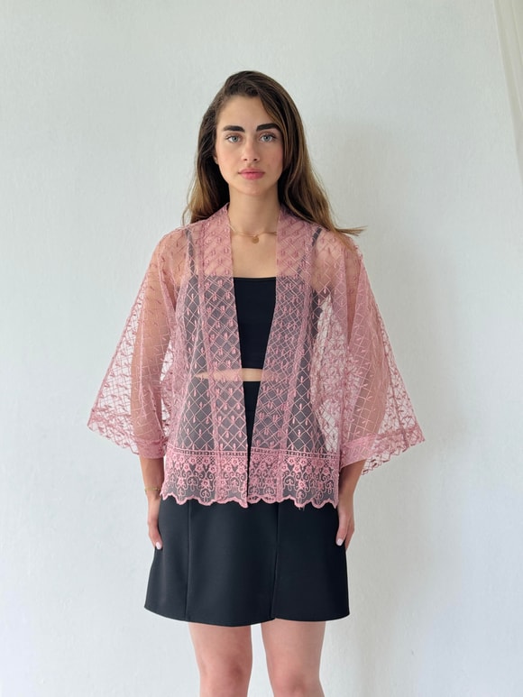 Retrobird Tasarım Gül Kurusu Tül Mini Kimono