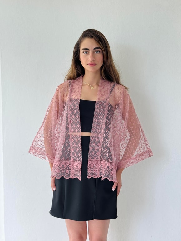 Retrobird Tasarım Gül Kurusu Tül Mini Kimono