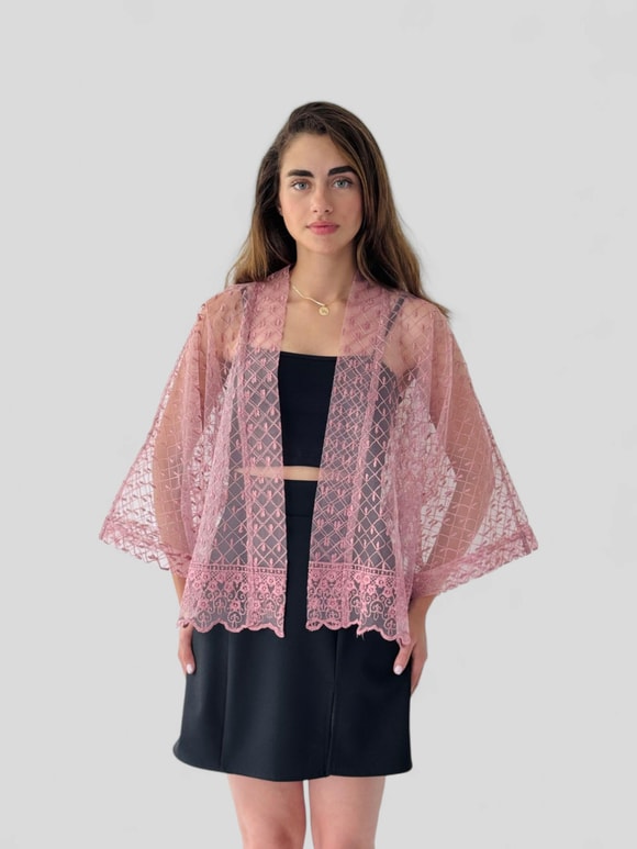 Retrobird Tasarım Gül Kurusu Tül Mini Kimono