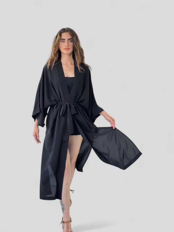 Retrobird Siyah Tasarım Uzun Kimono