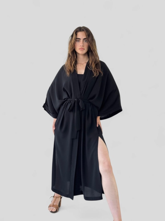 Retrobird Siyah Tasarım Uzun Kimono