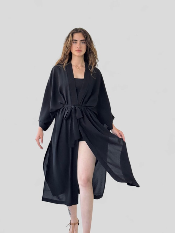 Retrobird Siyah Tasarım Uzun Kimono