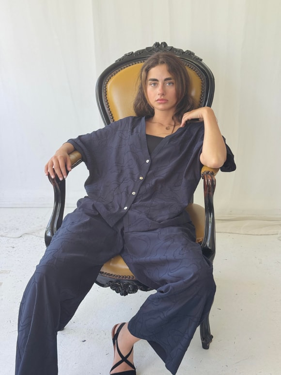 Retrobird Tasarım V Yaka Koyu Lacivert Kimono Gömlek