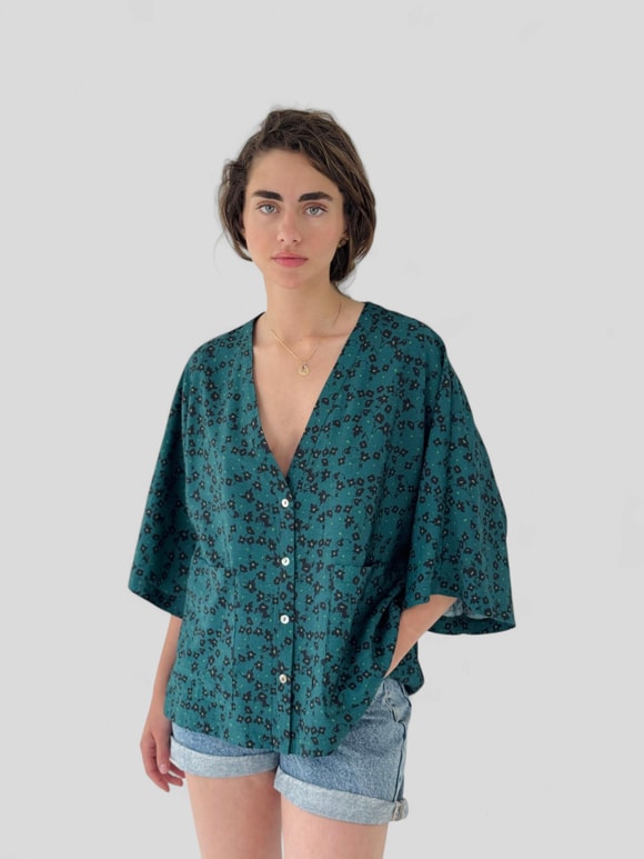 Retrobird Tasarım V Yaka Koyu Yeşil Kimono Gömlek