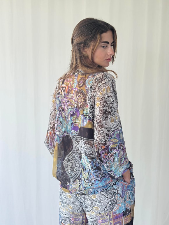 Retrobird Tasarım V Yaka Açık Mavi Şifon Kimono Gömlek