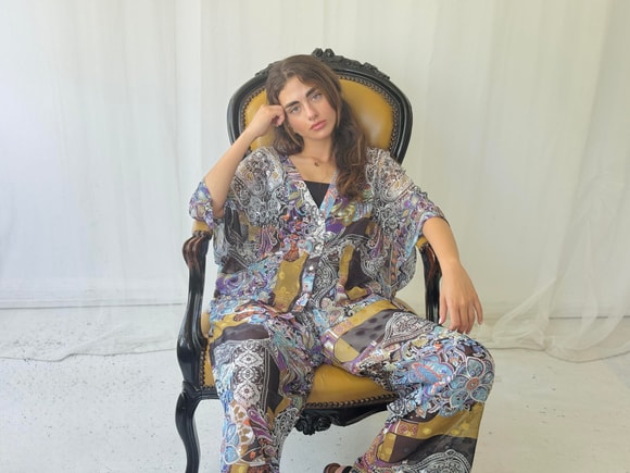 Retrobird Tasarım V Yaka Açık Mavi Şifon Kimono Gömlek