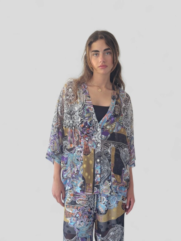Retrobird Tasarım V Yaka Açık Mavi Şifon Kimono Gömlek