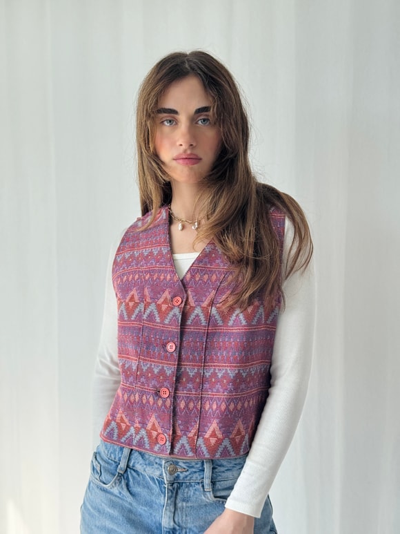 Retrobird Kilim Desen Pembe Tasarım Yelek