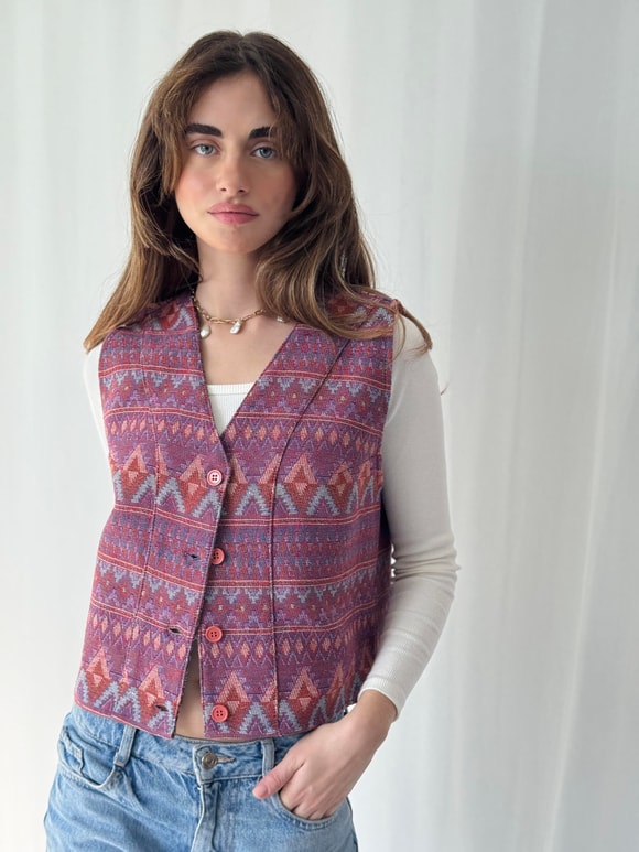 Retrobird Kilim Desen Pembe Tasarım Yelek