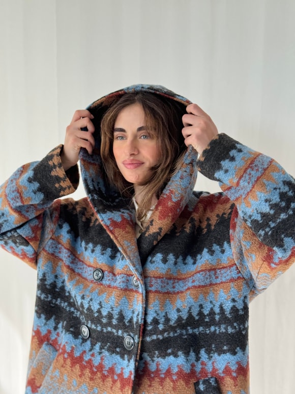 Retrobird Urban Retro Hooded Multicolored Oversize Jacket Coat