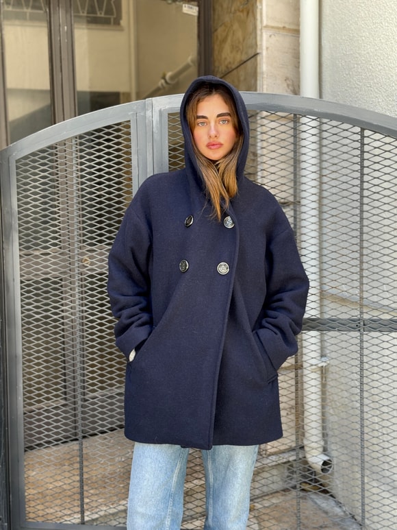 Retrobird Urban Retro Hooded Oversize Navy Blue Jacket Coat