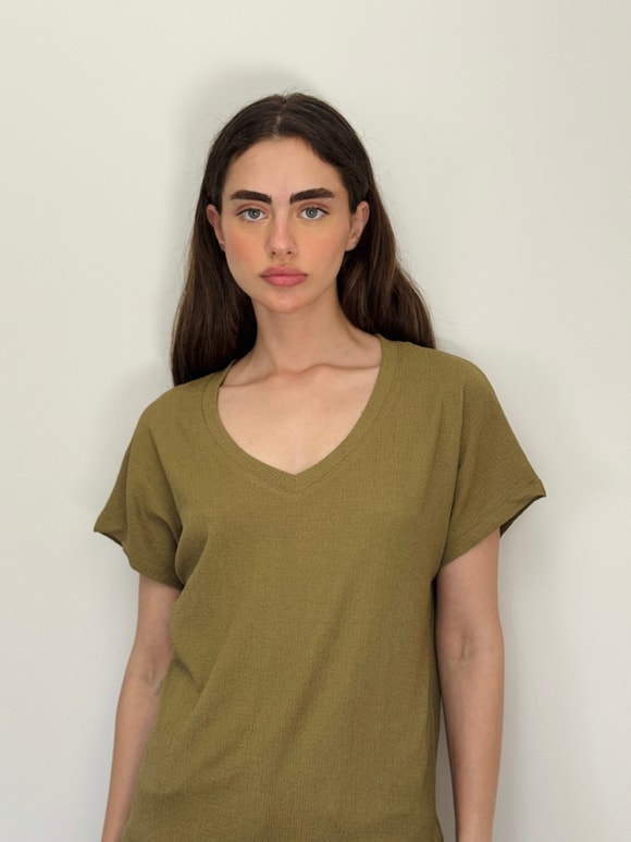 Retrobird V-Neck Draped Khaki T-Shirt Top