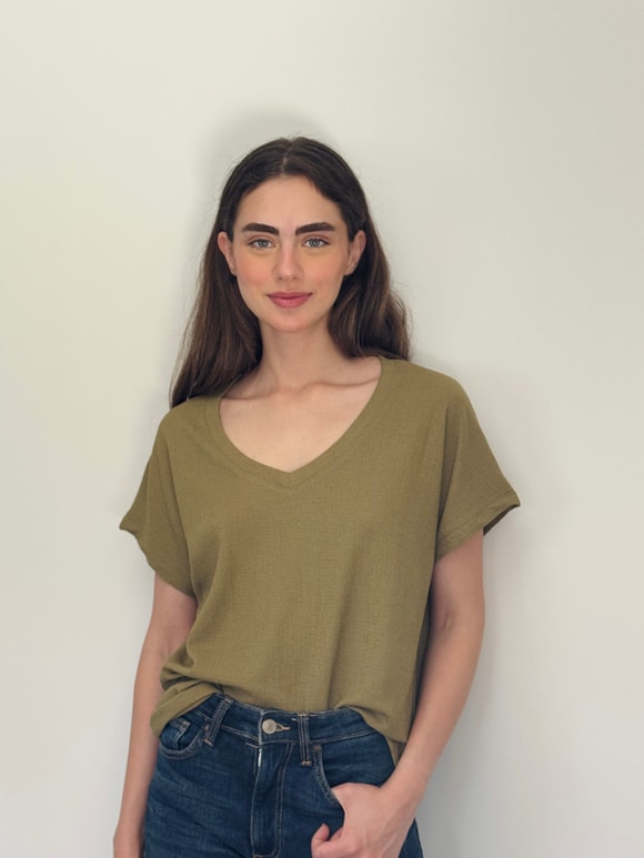 Retrobird V-Neck Draped Khaki T-Shirt Top