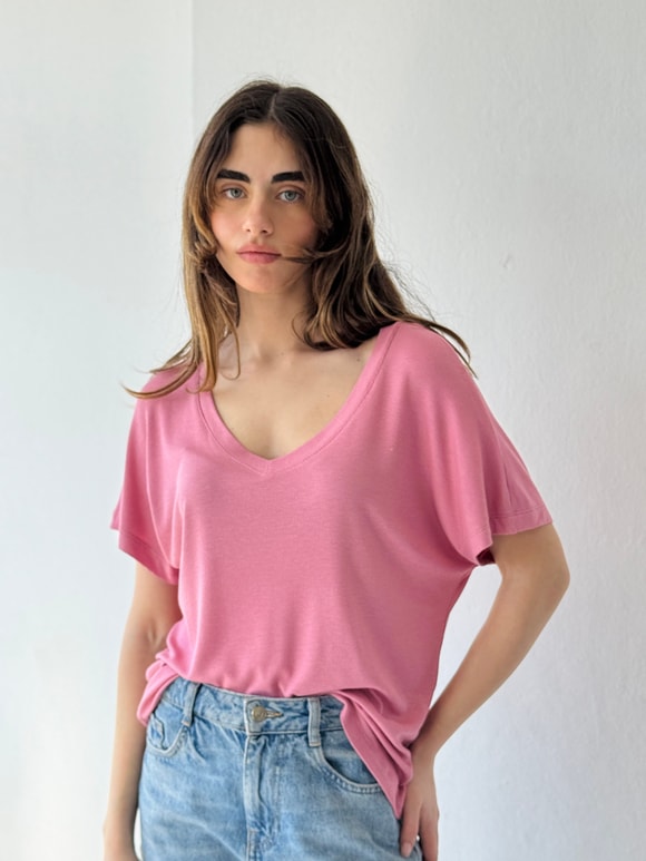 Retrobird V Yaka Kaşkorse Dökümlü Pembe Tişört Üst