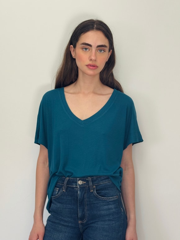 Retrobird V-Neck Corset Draped Petrol T-Shirt Top
