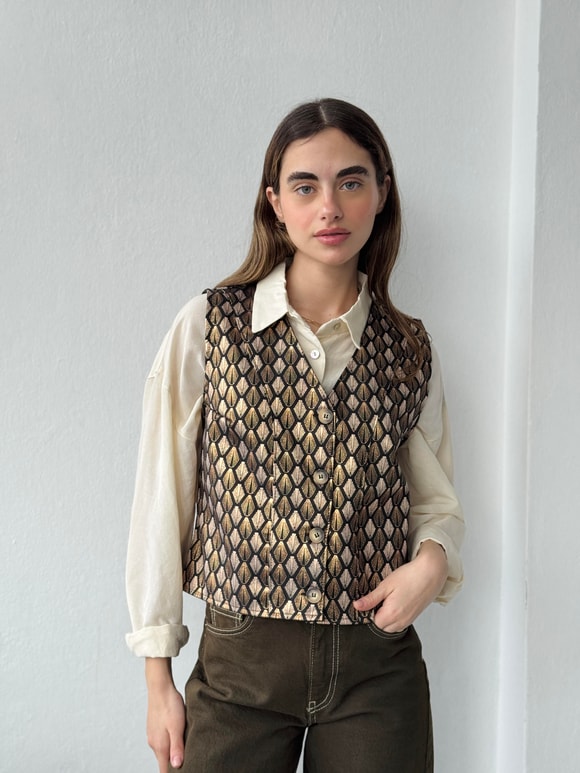 Retrobird Foil-Embellished Shiny Woven Pattern Mink Gold Designer Vest
