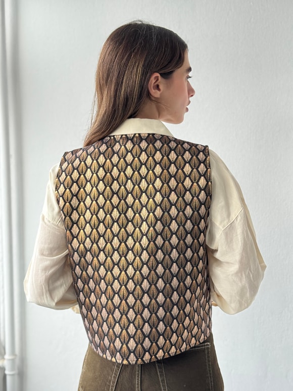 Retrobird Foil-Embellished Shiny Woven Pattern Mink Gold Designer Vest