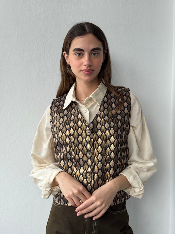 Retrobird Foil-Embellished Shiny Woven Pattern Mink Gold Designer Vest