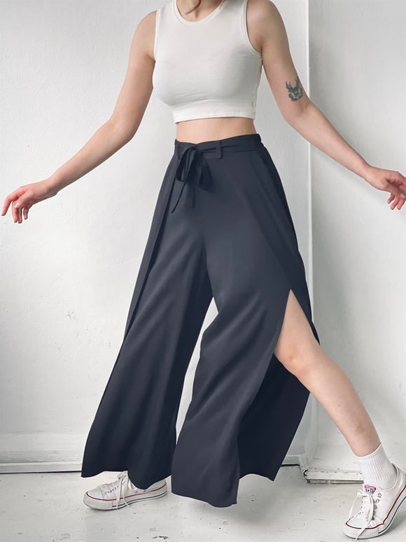 Retrobird Yırtmaç Detaylı Wide-Leg Siyah Pantolon Etek