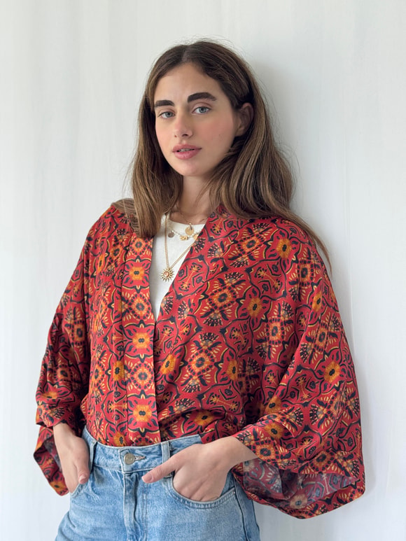 YENİ Retrobird Tasarım Boho Desen Koyu Kiremit Mini Kimono