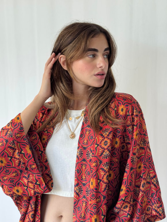 YENİ Retrobird Tasarım Boho Desen Koyu Kiremit Mini Kimono