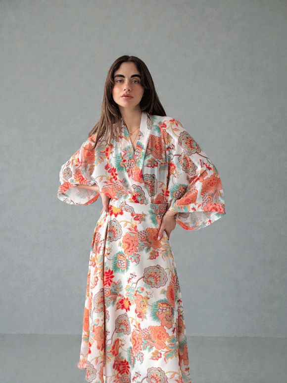 Retrobird Tasarım Boho Desen Yavruağzı Mini Kimono
