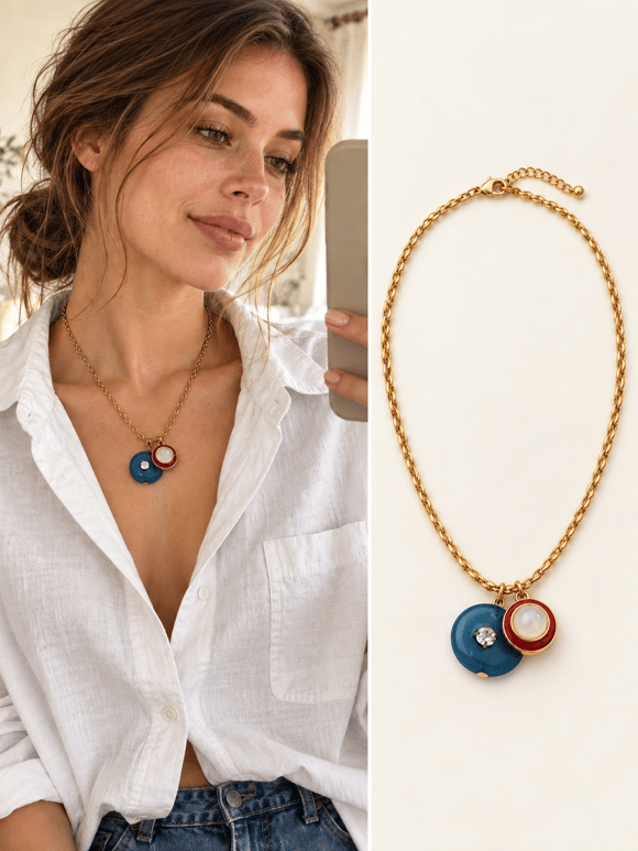 Retrobird Solana Yuvarlak Renkli Charm Detaylı Koyu Mavi Zincir Kolye