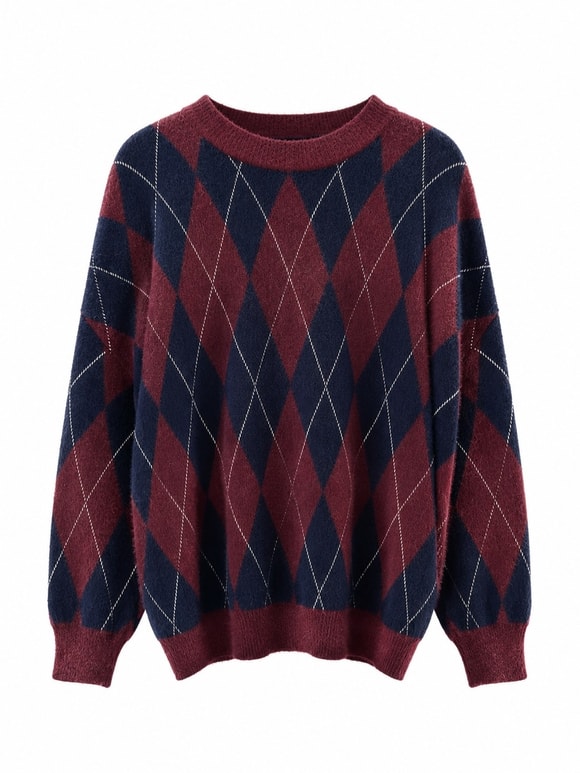 Retrobird Daphne Argyle Desenli Oversize Bordo - Lacivert Triko Kazak