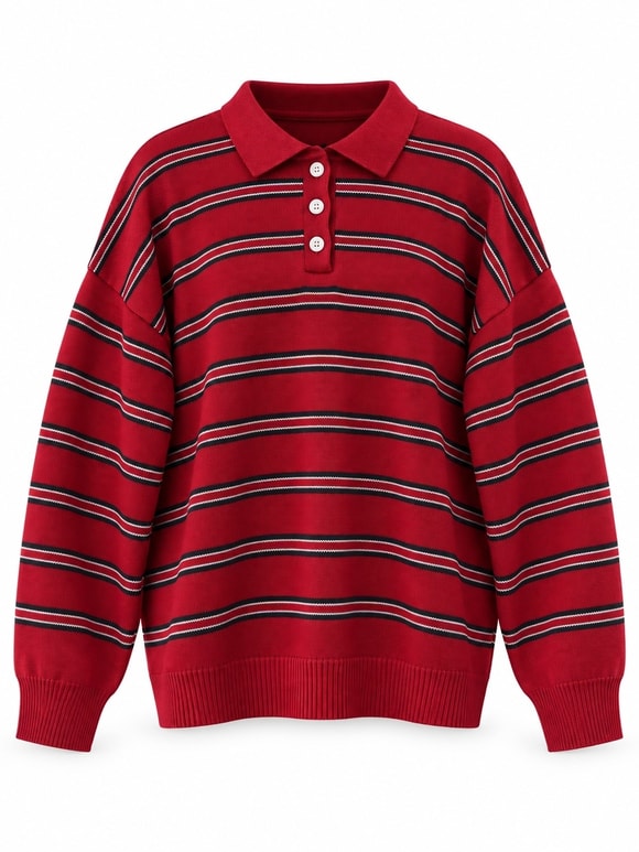 Retrobird Sadie Çizgili Oversize Polo Yaka Kırmızı Triko Kazak