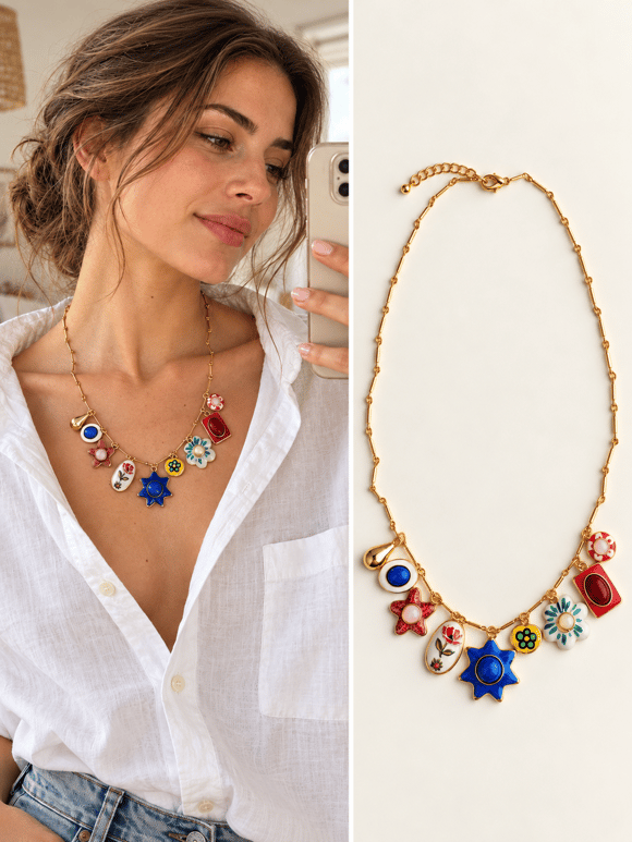 Retrobird Solana Renkli Figürlü Charm Detaylı Lacivert Kolye