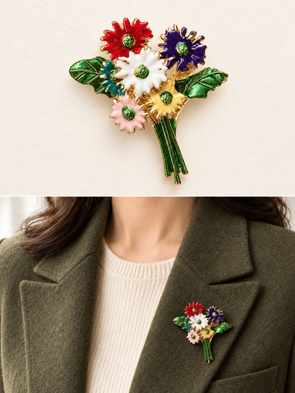 Retrobird Romy Çok Renkli Çiçek Buketi Vintage Broş