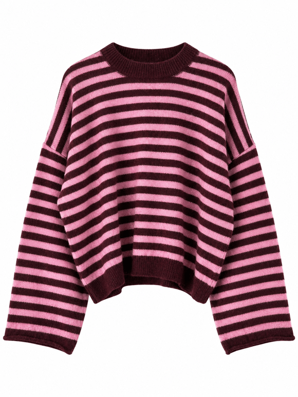 Retrobird Livia Oversize Çizgili Pembe - Bordo Triko Kazak