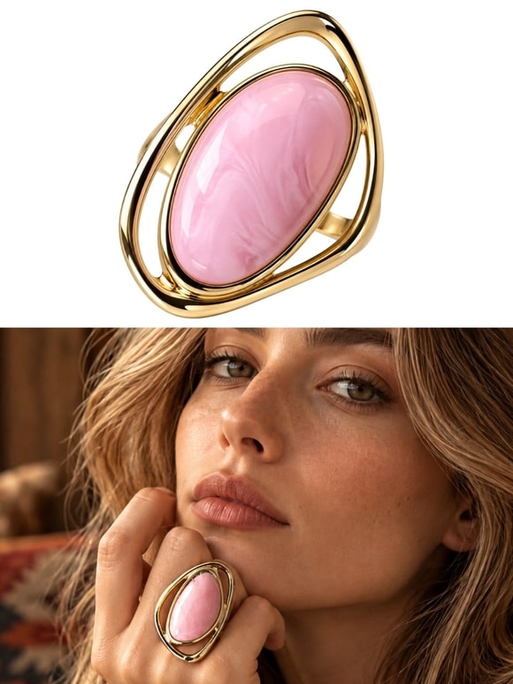 Retrobird Ayarlanabilir Pembe Oval Taş Detaylı Vintage Yüzük