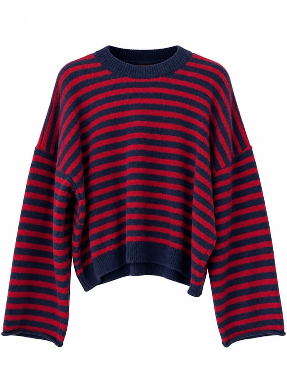 Retrobird Livia Oversize Çizgili Kırmızı - Lacivert Triko Kazak