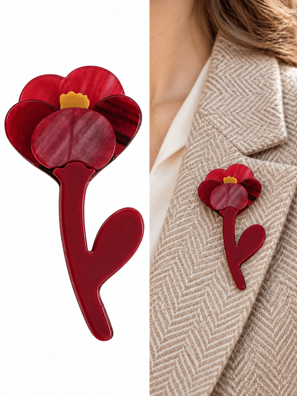 Retrobird Tasarım Akrilik Çiçek Figürlü Bordo Vintage Broş