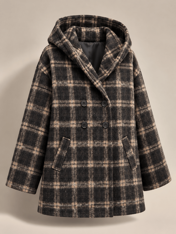 Retrobird Urban Retro Kahve Bej Ekose Kapüşonlu Oversize Ceket Kaban