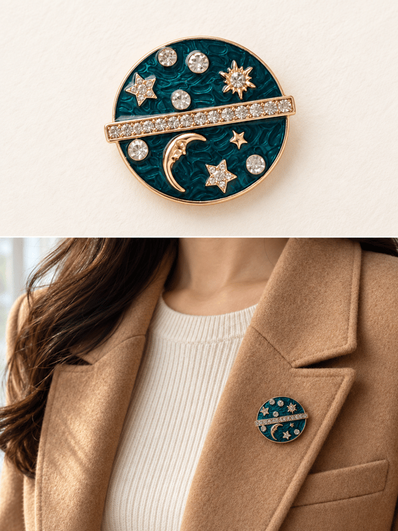 Retrobird Romy Zümrüt Yeşili Ay Yıldız Figürlü Oval Vintage Broş