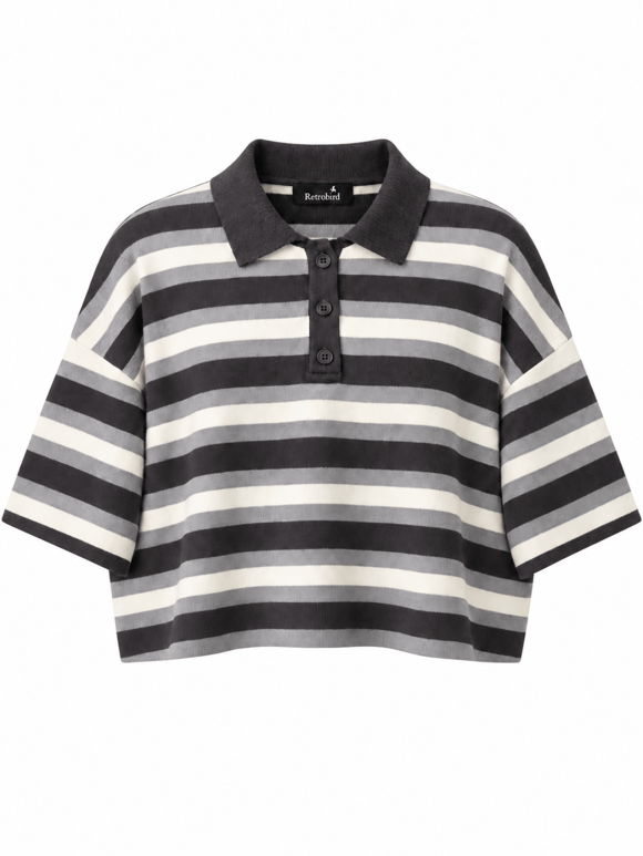 Retrobird Patsy Oversize Polo Yaka Antrasit - Krem Çizgili Triko Kazak