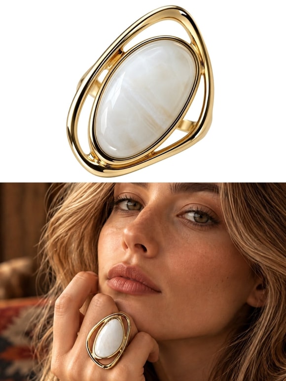 Retrobird Ayarlanabilir Krem Oval Taş Detaylı Vintage Yüzük