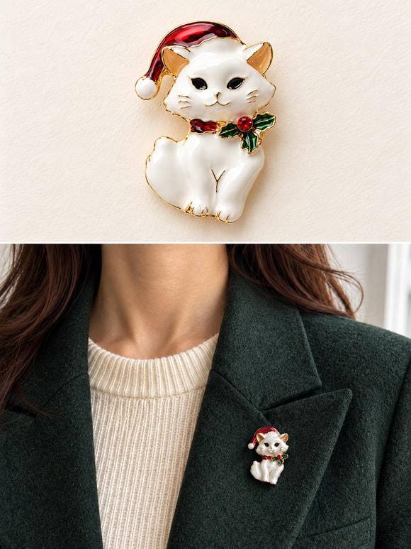 Retrobird Romy Ekru Yılbaşı Kedisi Figürlü Vintage Broş