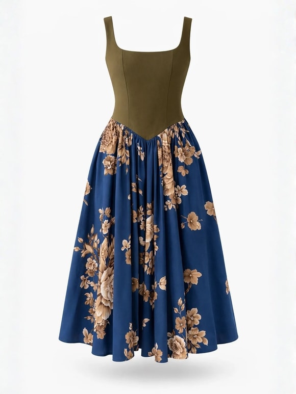 Retrobird 50s Belle Corset Koyu Mavi Midi Elbise
